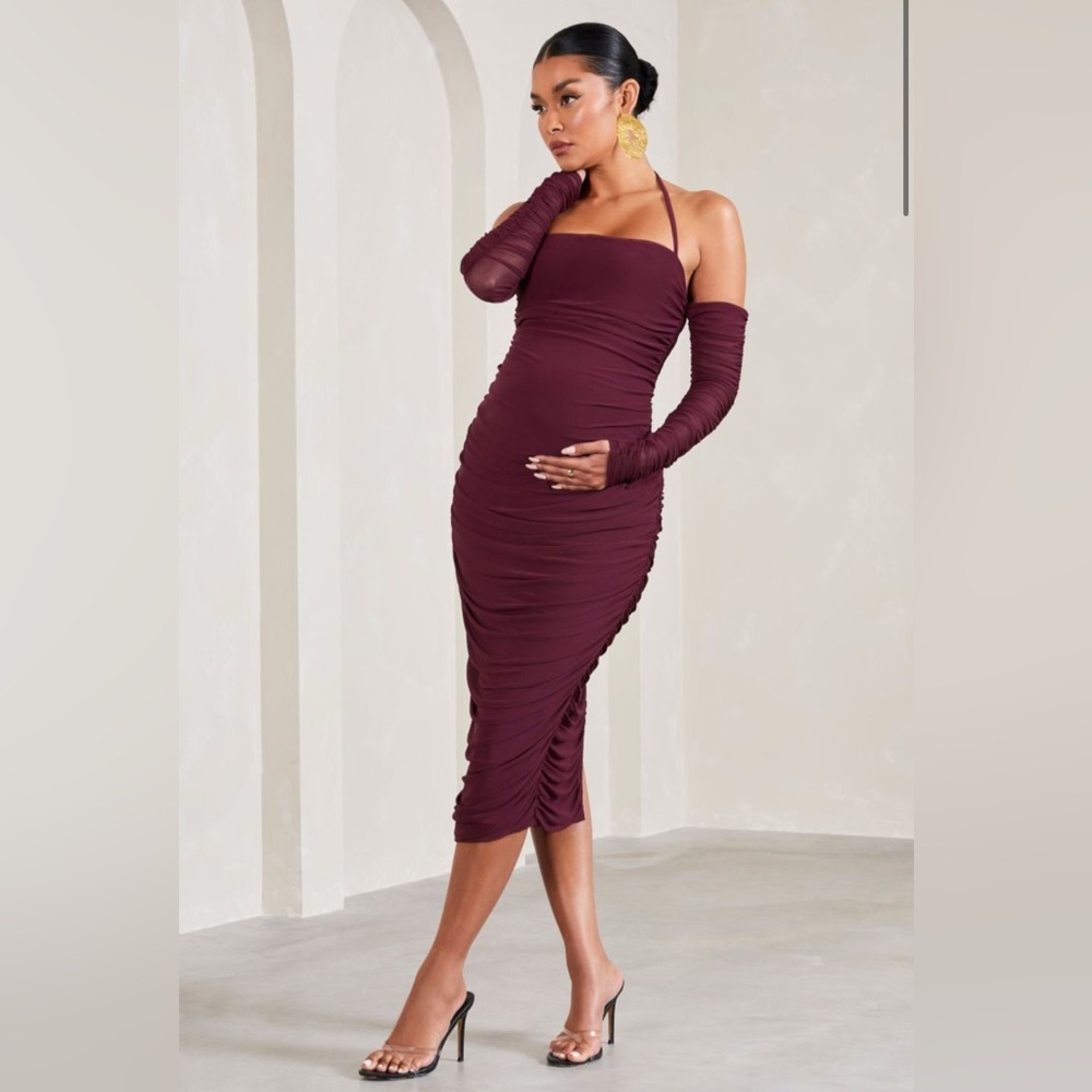 NWT Club L London Burgundy Ruched Halter Maternity Midi Dress Sz 12 - Picture 4 of 5